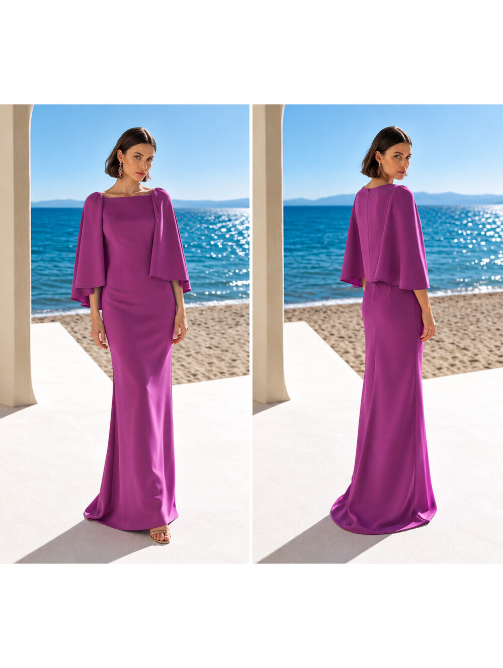 Badgley Mischka Size 4 Purple Magenta Cape Sleeve Column Gown Formal Maxi $1,200